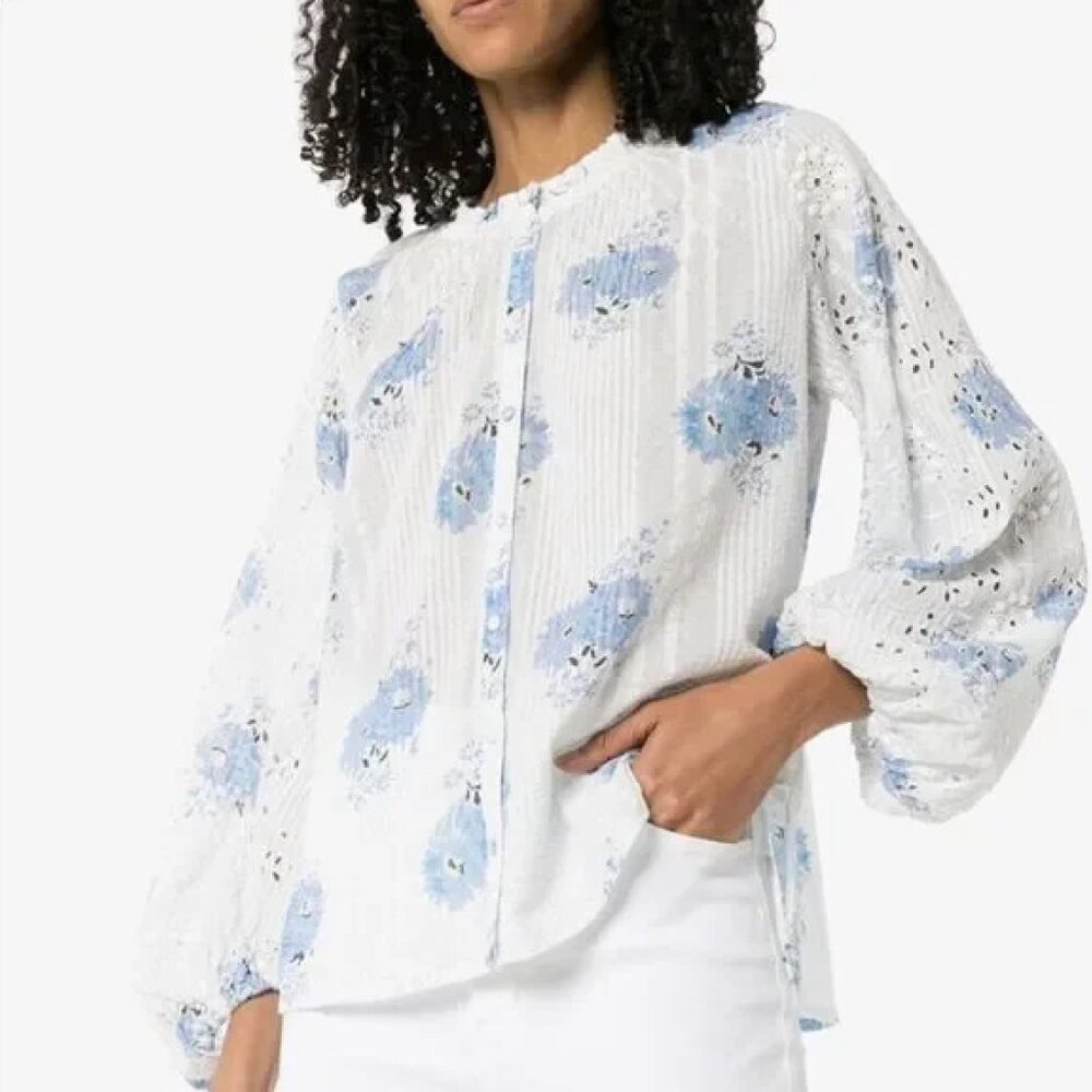 LoveShackFancy Spectra Floral Eyelet Blouse Top